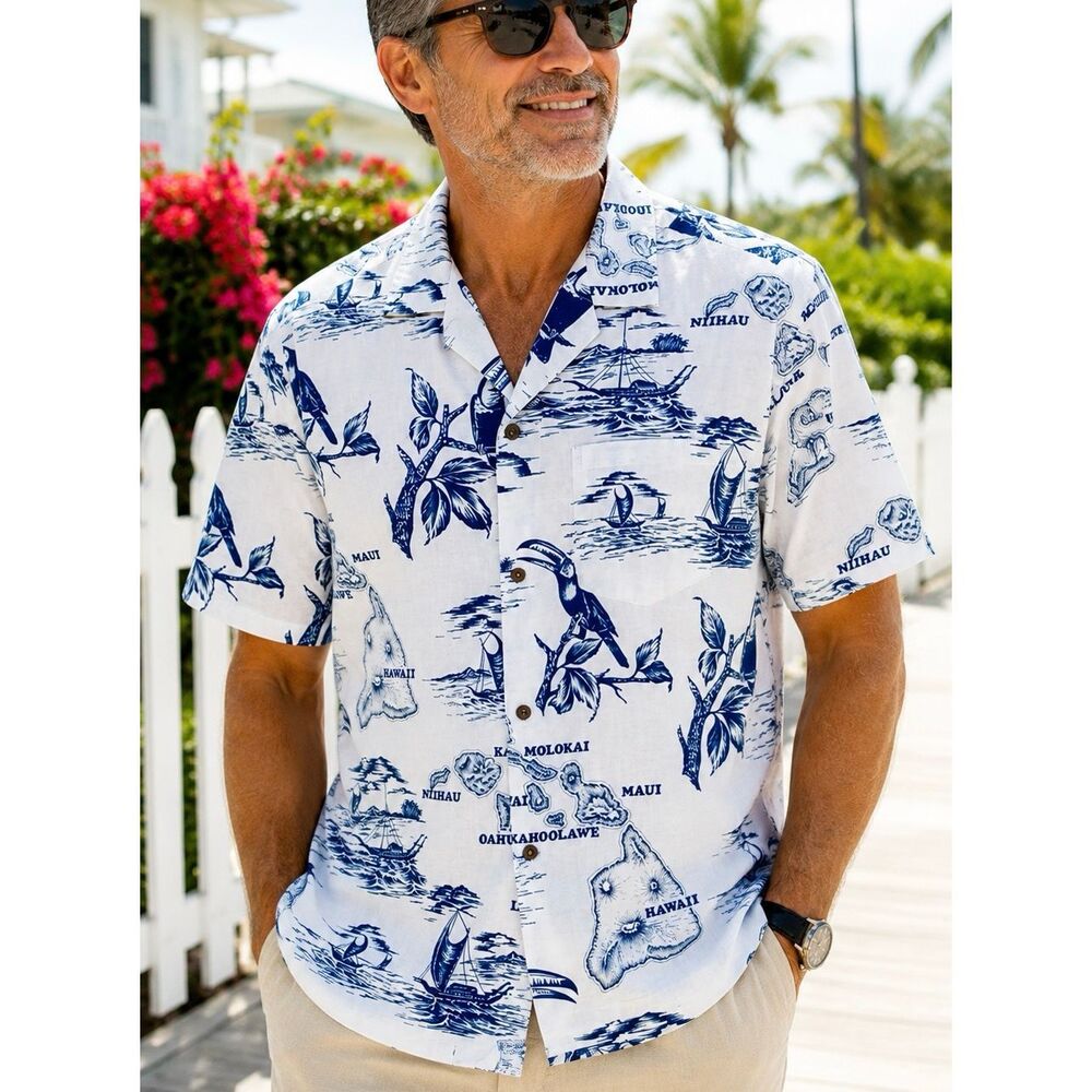 Aloha Republic Made in Hawaii 100% Cotton Scenic Map Aloha Camp Shirt M